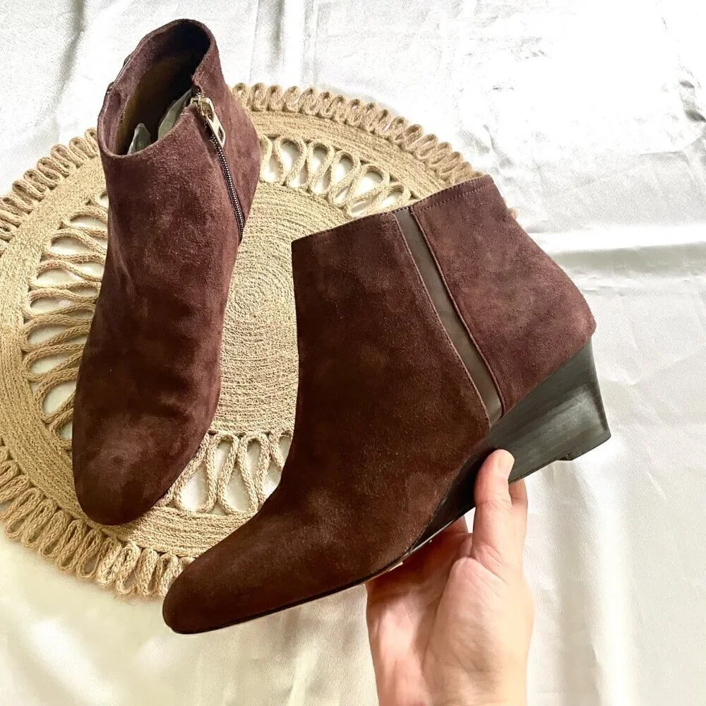 Coach Maya Suede/Polished-Calf Ankle Wedge Boots Brown Women’s Size 10 Q5328
